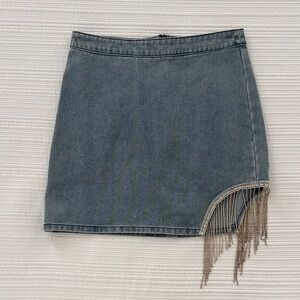 Denim Skirt with Rhinestone Fringe Detail